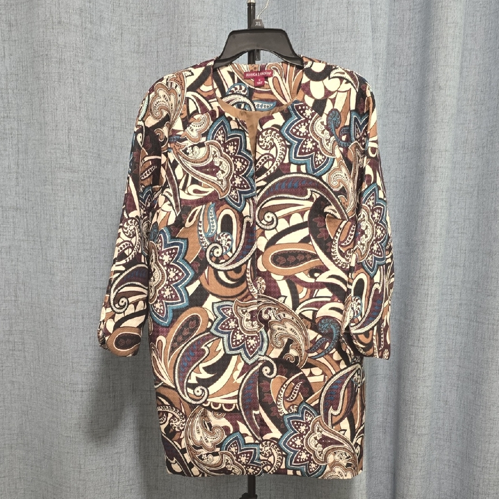 Jessica London Boho Style Multicolor Paisley Open Front Side Slits Jacket Size16